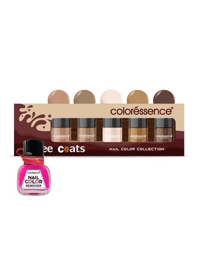 Coloressence Coffee Coats Nail Paint Kit for Women  Nail Polish Remover, Set of 5 | Quick Dry and Chip Resistant Nail Paints - Image 1